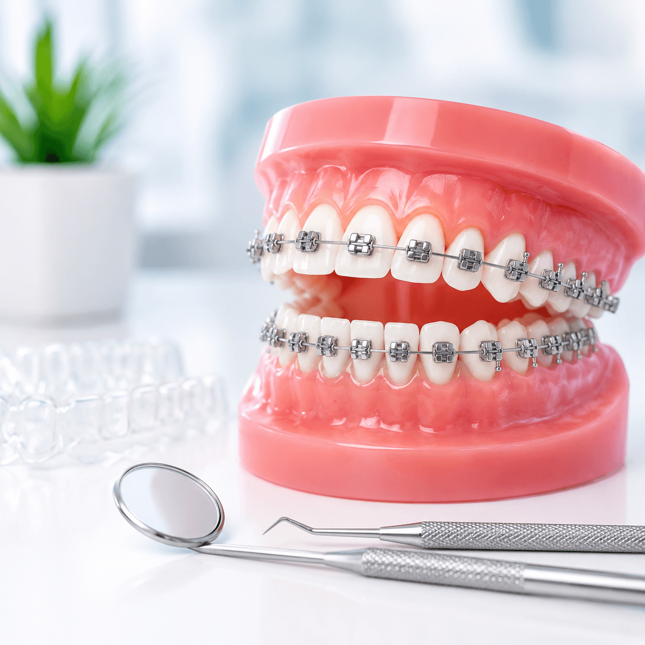 Dental model with metal braces for orthodontic treatment