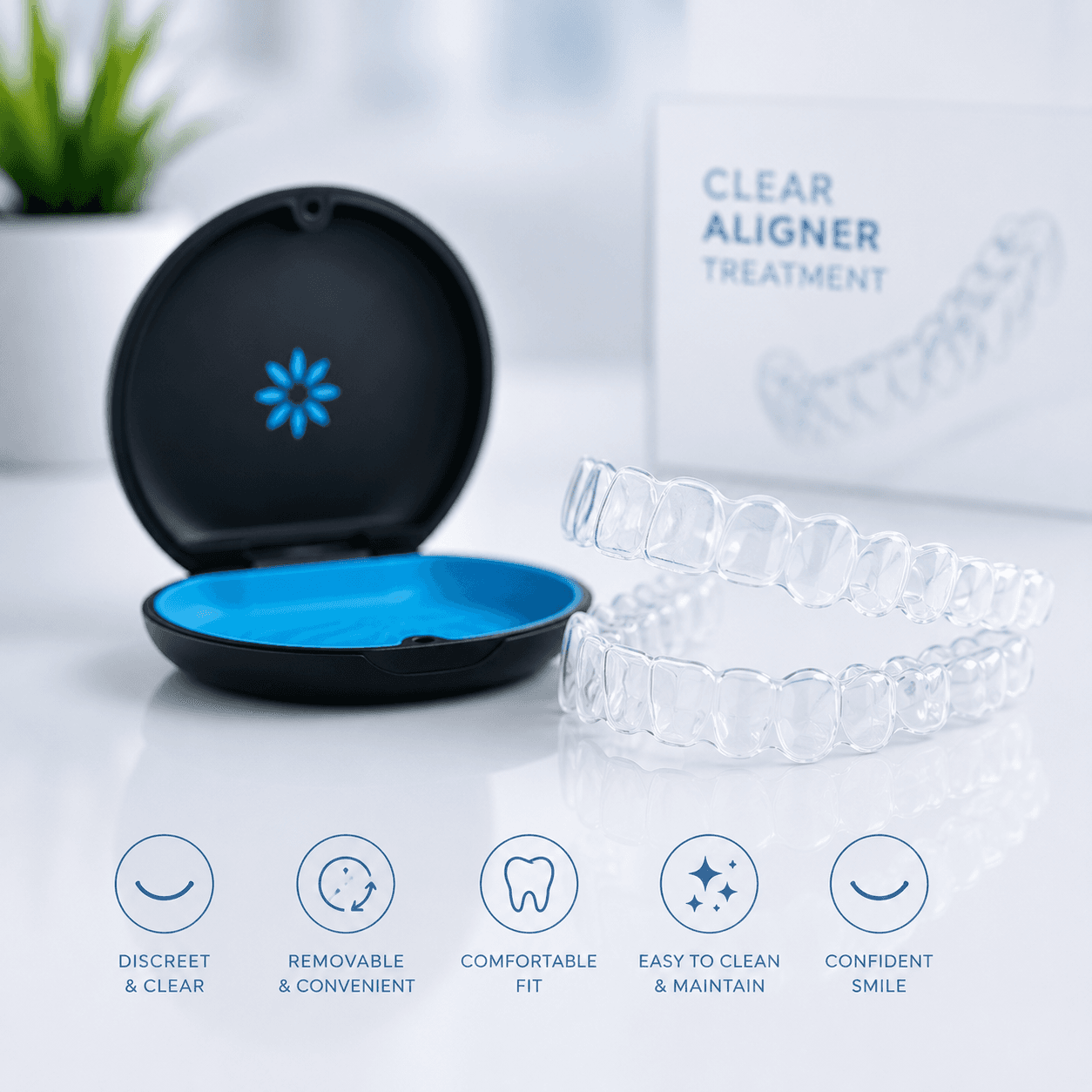 Clear dental aligner trays with protective case