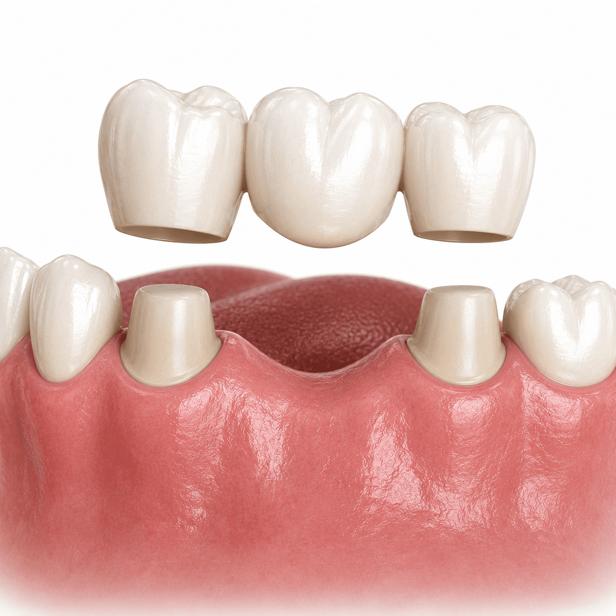 Three-unit dental bridge procedure illustration