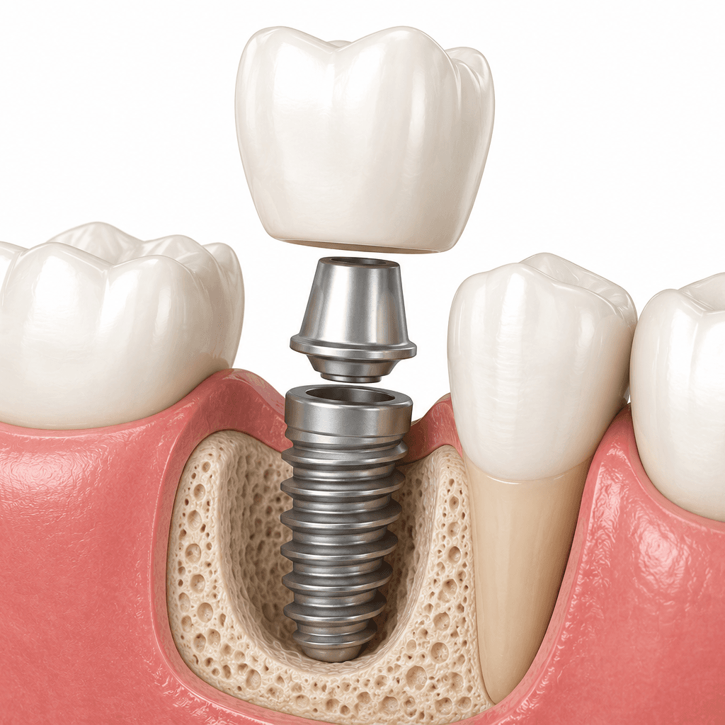 Single dental implant with abutment and crown