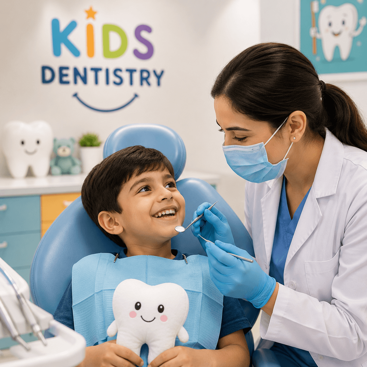 Friendly kids dentistry visit with a smiling young patient