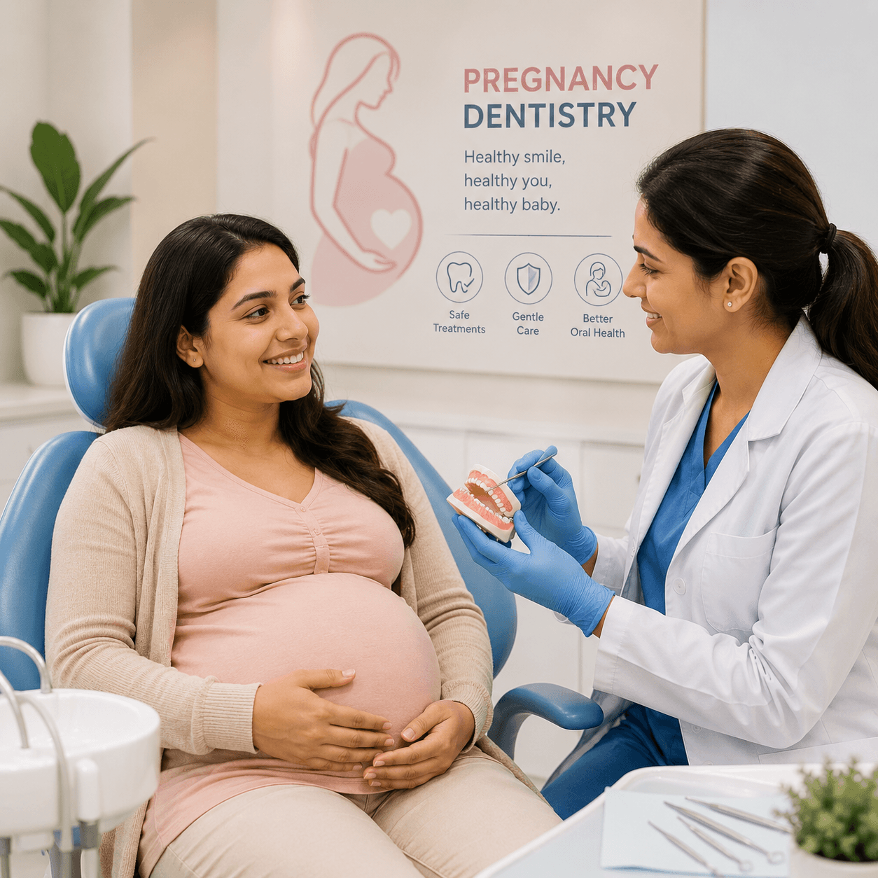 Pregnancy dentistry consultation with a dentist and expecting mother